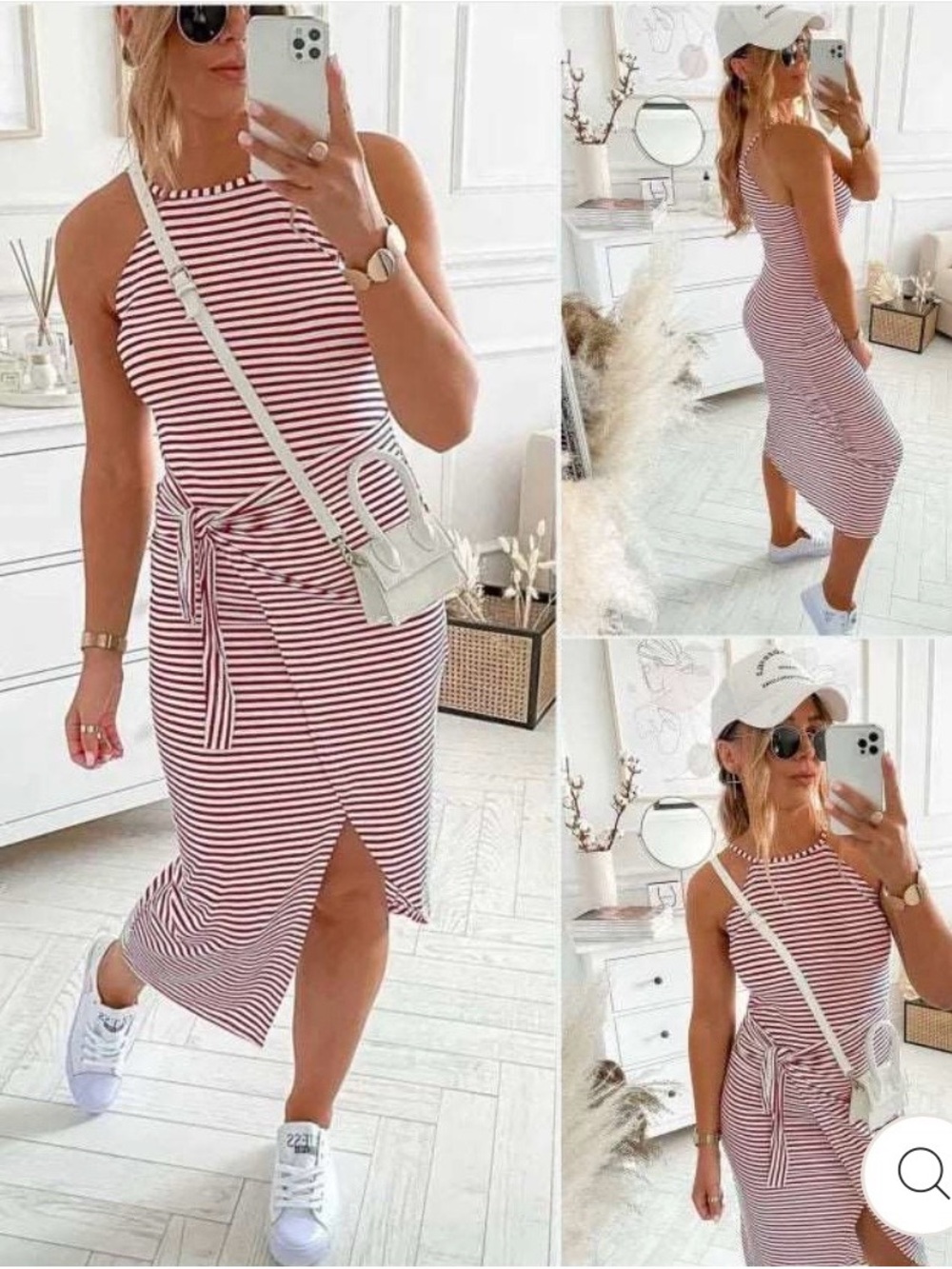 Amazon Striped Tie-Waist Midi Dress in Red and White